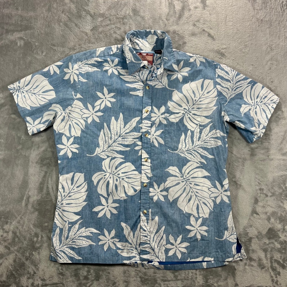RJC Aloha Shirt Mens XL Blue White Floral Reverse Print Made in USA Luau Vaction